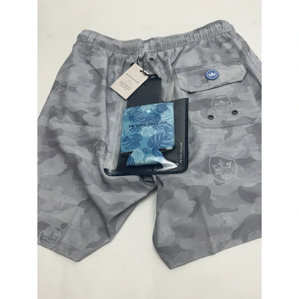 NWT Peter Millar Seaside Gray Camo & Logo Print Swim Trunks W/Koozie SMALL‎ $100